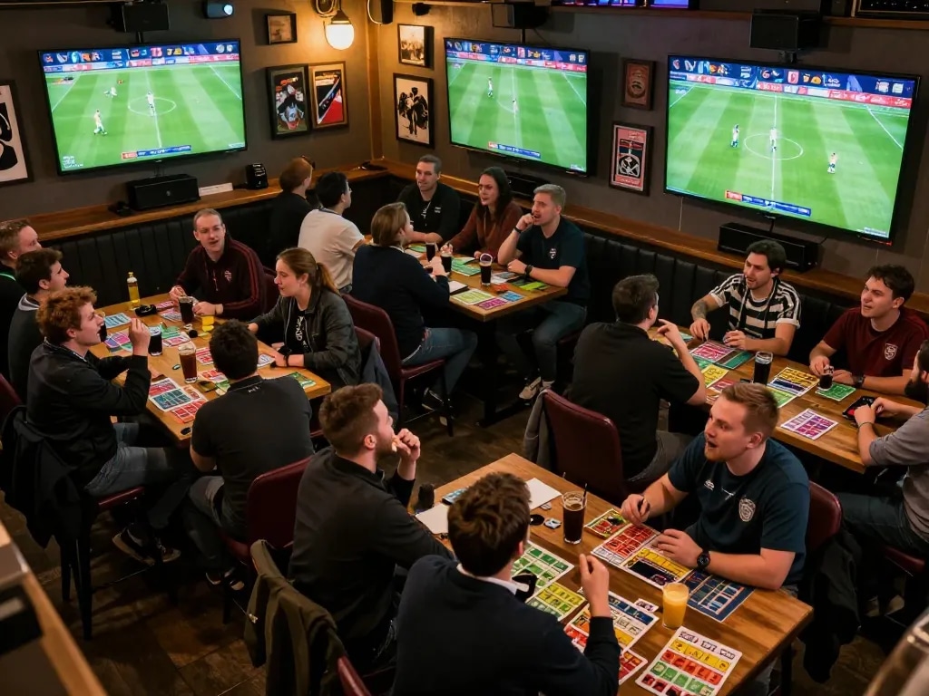 Soi Kèo sports betting scene in an energetic sports bar with fans cheering during a match.