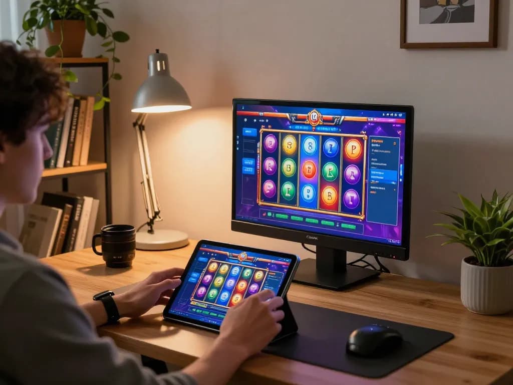 Player enjoying a thrilling slot session on barbanoglass app at home, showcasing colorful game interface.