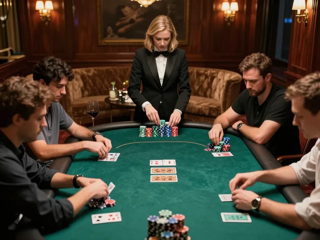 Engage in high-stakes poker at VegRecipeWorld with players focused and chips stacked, showcasing strategic gameplay.
