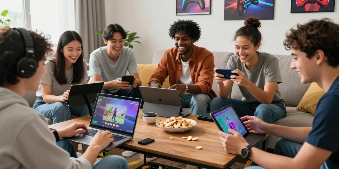 Group of friends enjoying CIKA4D online gaming on laptops and smartphones in a lively living room.