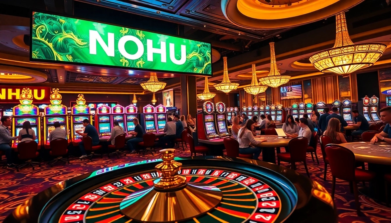 NOHU casino players engaging in high-stakes games with colorful slot machines and poker tables.