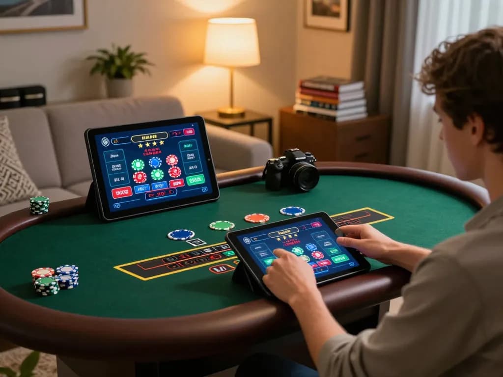 Enjoying live baccarat gameplay on trang chu lc88 with a tablet in a cozy home setup.
