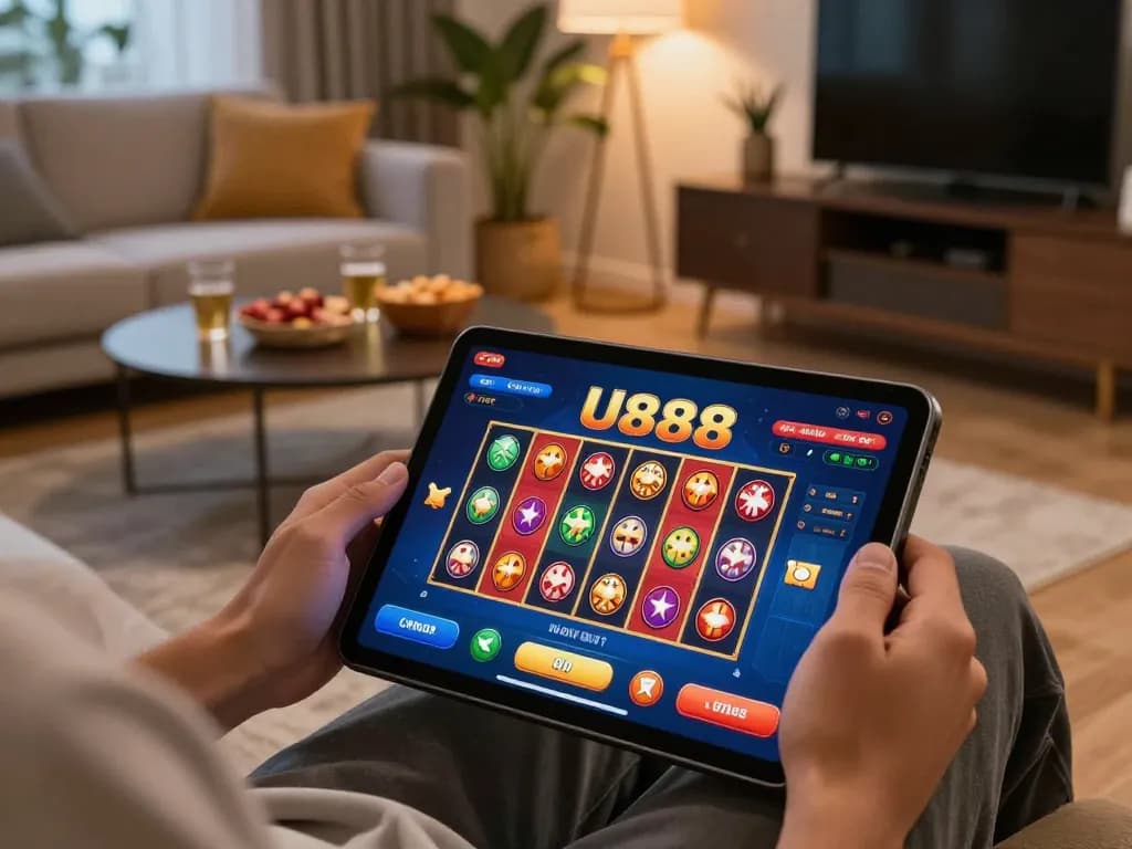 Player engaged in U888 online casino gaming on a tablet in a cozy home setting