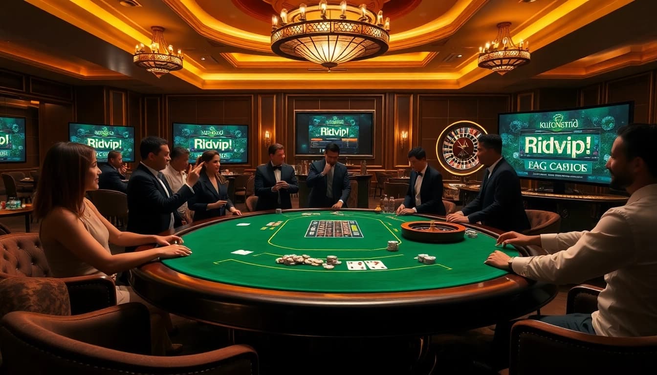 Rikvip players engaging at a luxurious poker table in an upscale casino setting.
