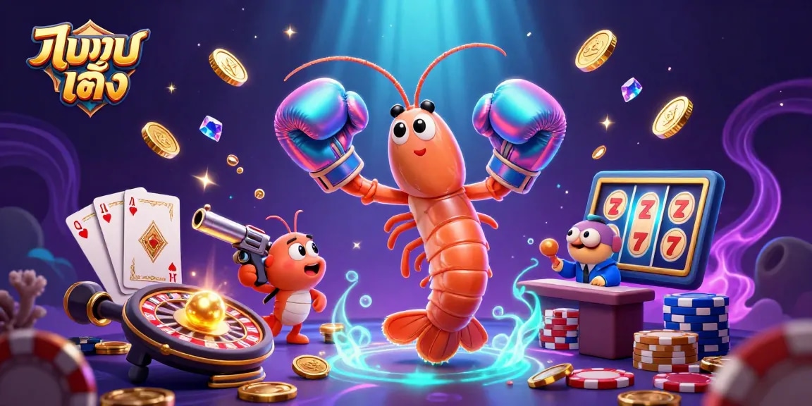 Experience แทงบอลเต็ง with vibrant 3D shrimp characters and dynamic casino elements illustrated in detail.
