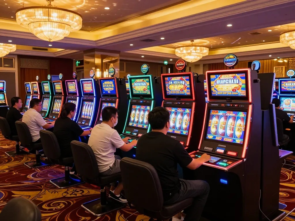 Players enjoying engaging gameplay on slot gacor machines under warm casino lights.