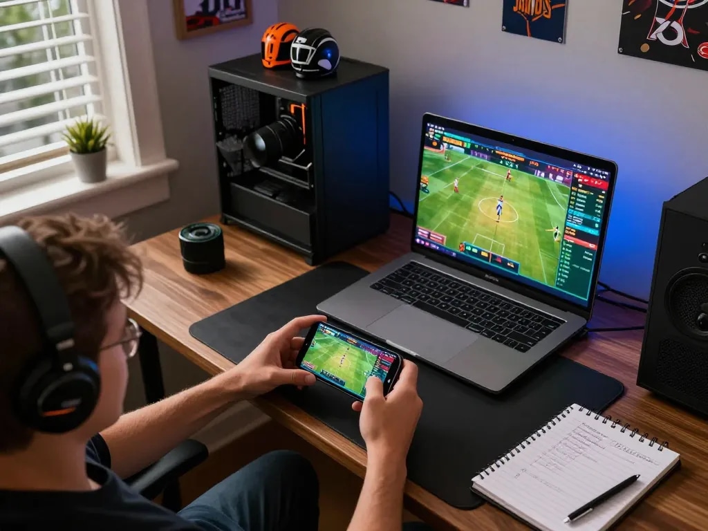 Player using smartphone for sports betting on 8xbet with excited atmosphere