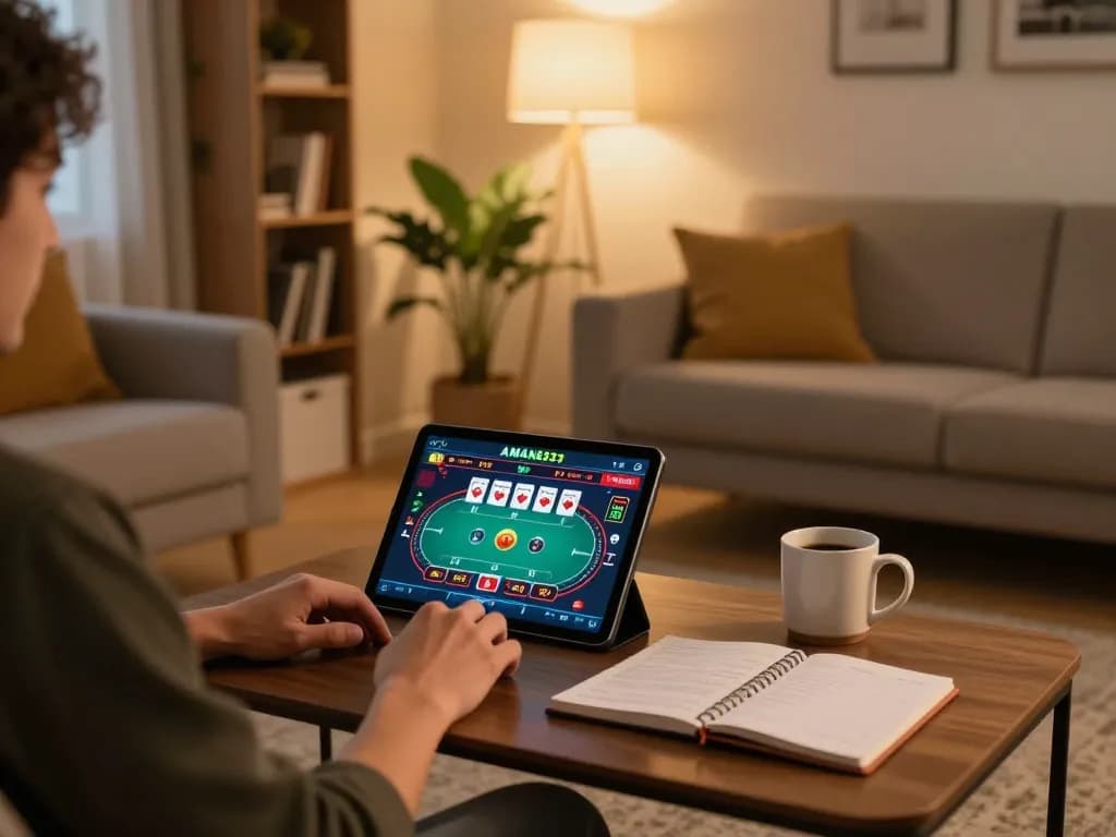 Orang yang bermain poker di platform daring AMAN333 dengan pengaturan rumah yang nyaman.