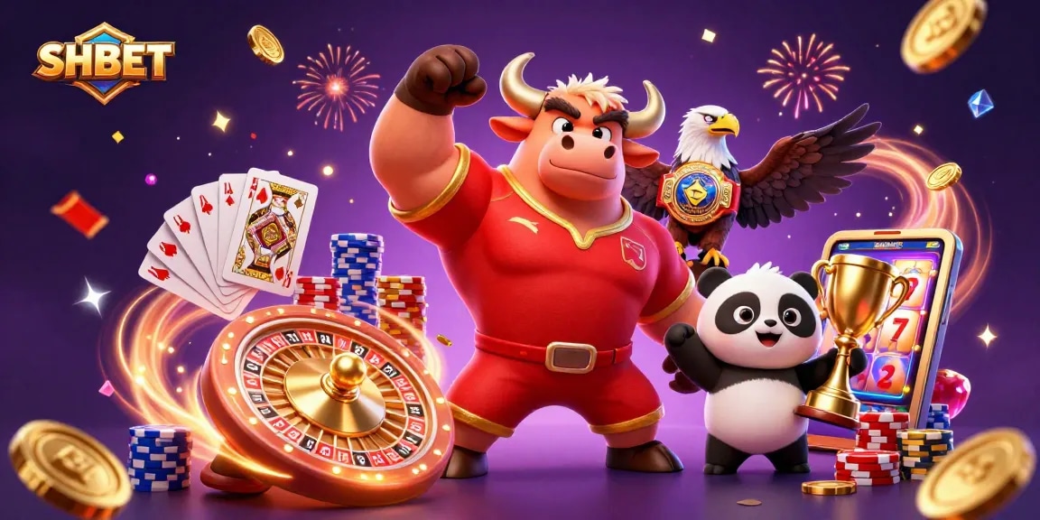 Engage in thrilling gameplay at SHBET with a dynamic 3D casino illustration showcasing excitement and winning.