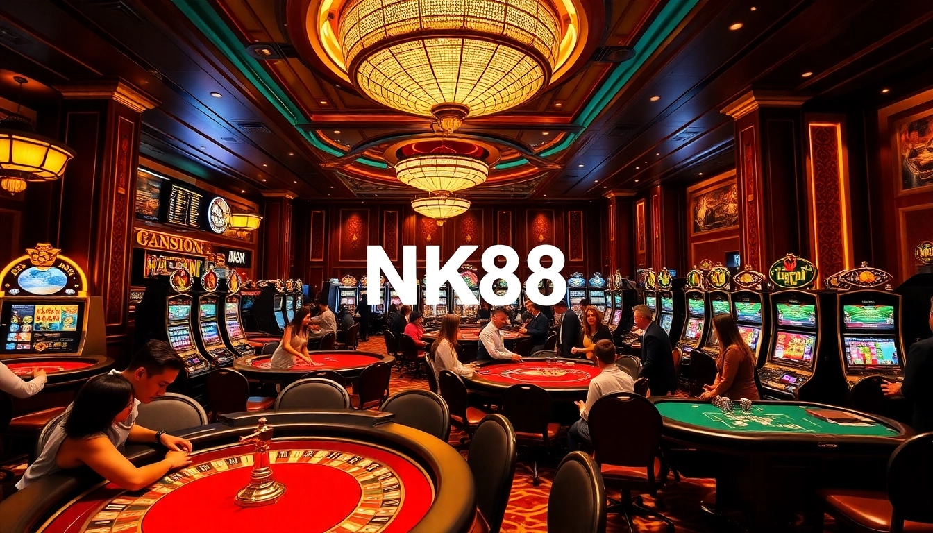 Players betting at a glamorous casino table with NK88 branded chips and cards in action.