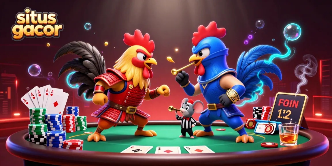 Situs gacor showcases a thrilling standoff between 3D cartoon roosters, enhancing online gambling excitement.