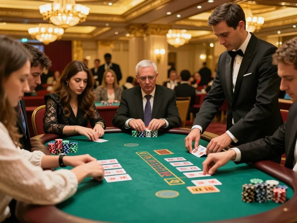 An energized blackjack game at https://m88zo.com/ with players engrossed, vibrant casino atmosphere.