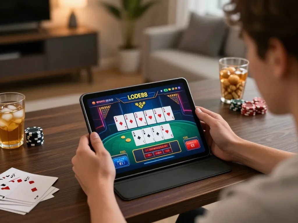 Player engaging with the LODE88 online casino app on a tablet, showcasing a lively gaming moment.