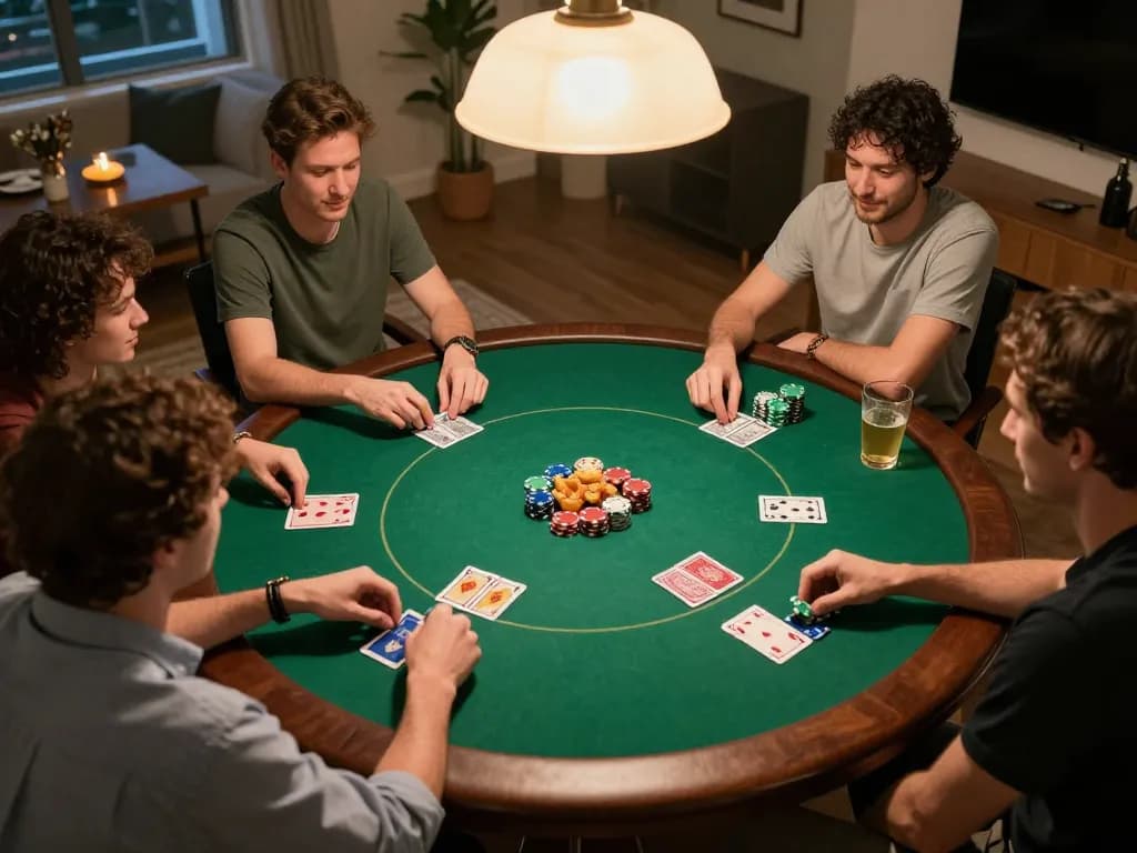 Friends enjoy a lively poker game at home, BK8 providing the best online gaming experiences.
