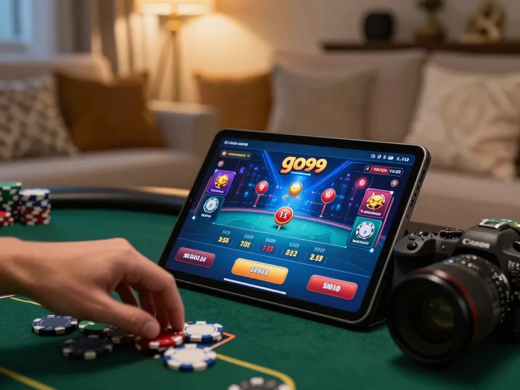 Player engaging in a thrilling game through the go99 app on a tablet, highlighting strategic betting in a cozy home.