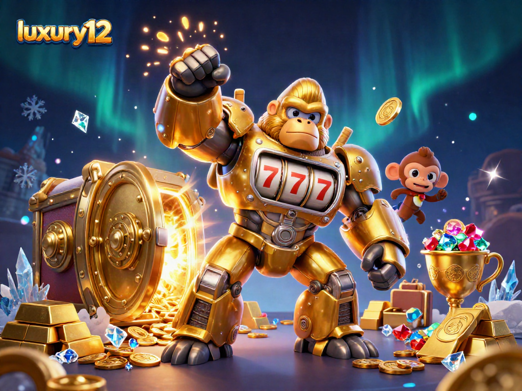 Menang besar dengan luxury12, slot jackpot berkilau dan karakter mekanik gorila berwarna emas.