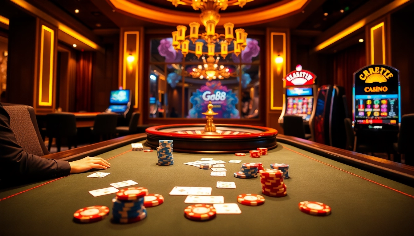 Exciting gambling scene depicting go88 with poker chips, cards, and a roulette wheel in a luxurious casino setting.