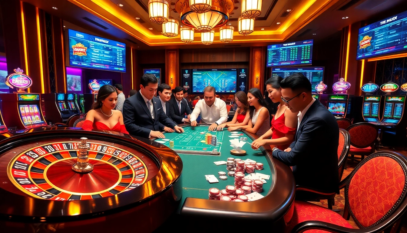 Experience excitement at https://kong88.win with vibrant casino scenes featuring roulette, poker, and engaging players.