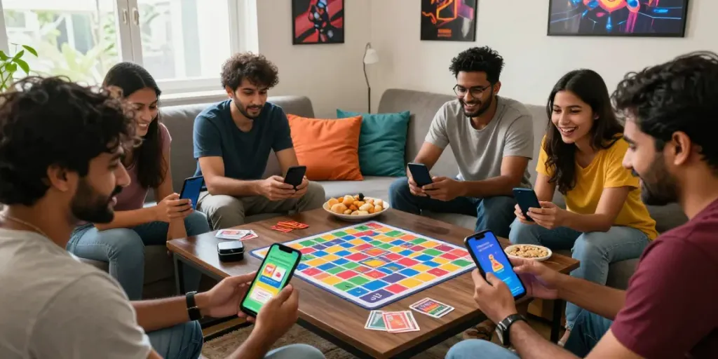 Friends enjoying Rumble Rummy gameplay on smartphones in a cozy living room setting.