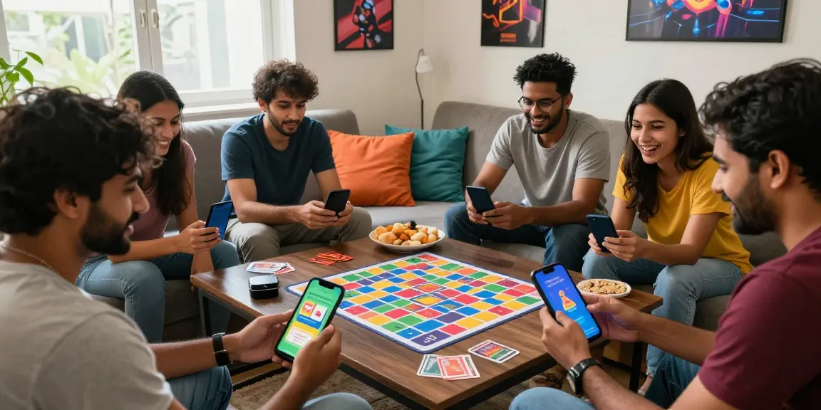 Friends enjoying Rumble Rummy gameplay on smartphones in a cozy living room setting.