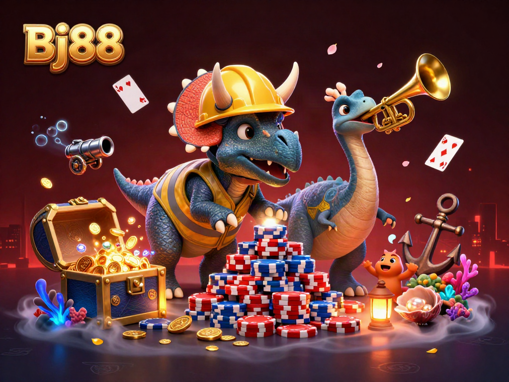 Bj88 showcases a lively 3D casino scene with a triceratops building poker chips, a celebrating parasaurolophus, and exciting treasure elements.