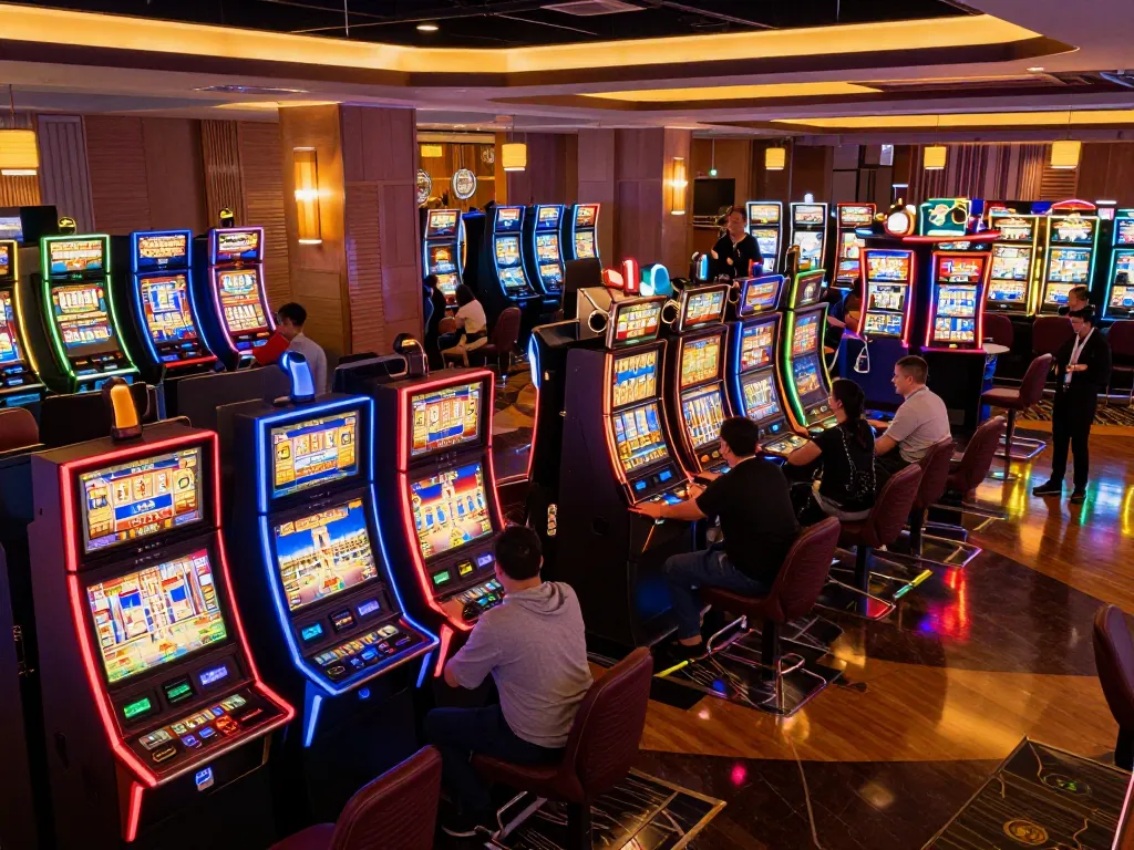 Players enjoying slot machines in a lively casino environment, emphasizing HM88 gaming excitement and experience.