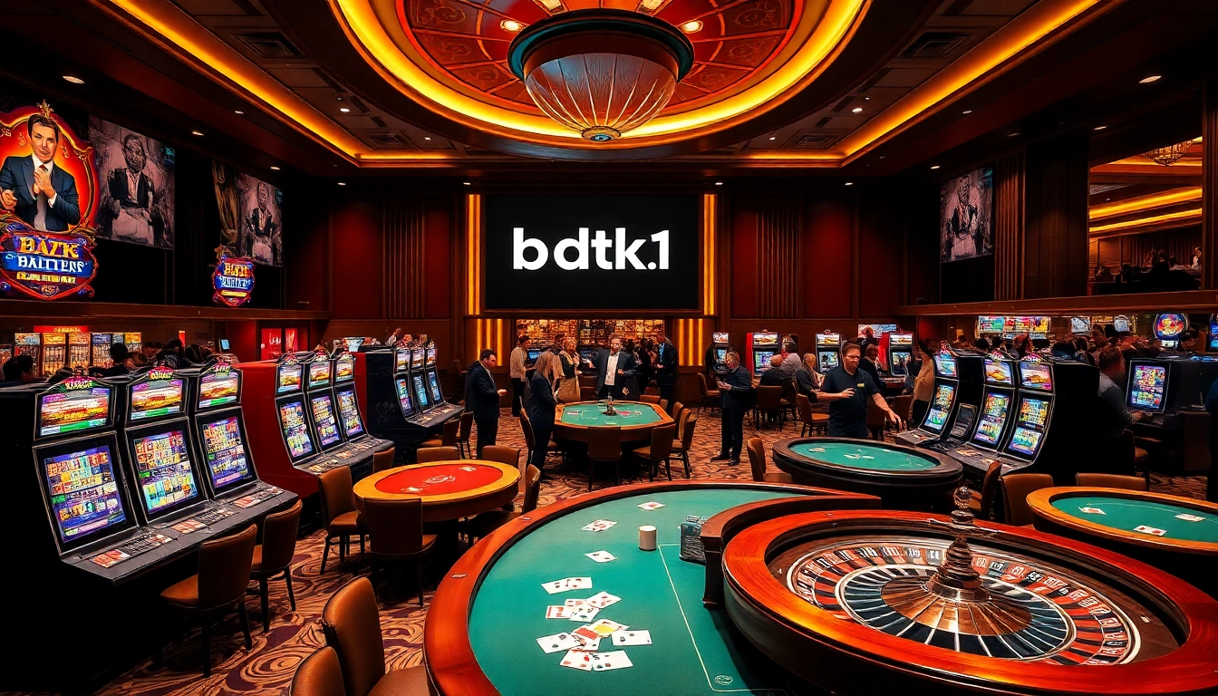 Exciting moment at a casino featuring the bdtk1 app logo displayed among vibrant gaming tables and slot machines.