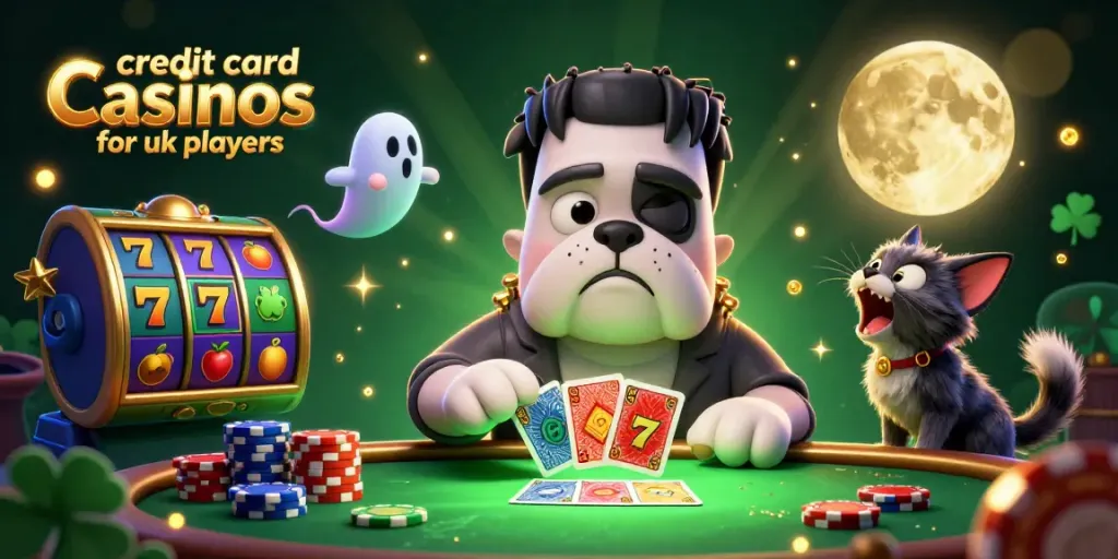 Experience thrilling gameplay at credit card casinos for UK players with a cartoon bulldog dealer and dynamic casino elements.