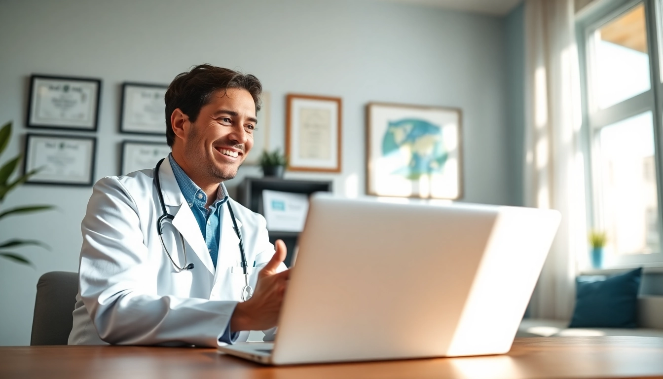 A patient engages in a low cost telemedicine consultation with a friendly doctor using a laptop.