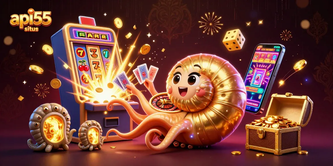 Experience excitement at api55 situs with a vibrant 3D casino scene featuring games and winning elements.