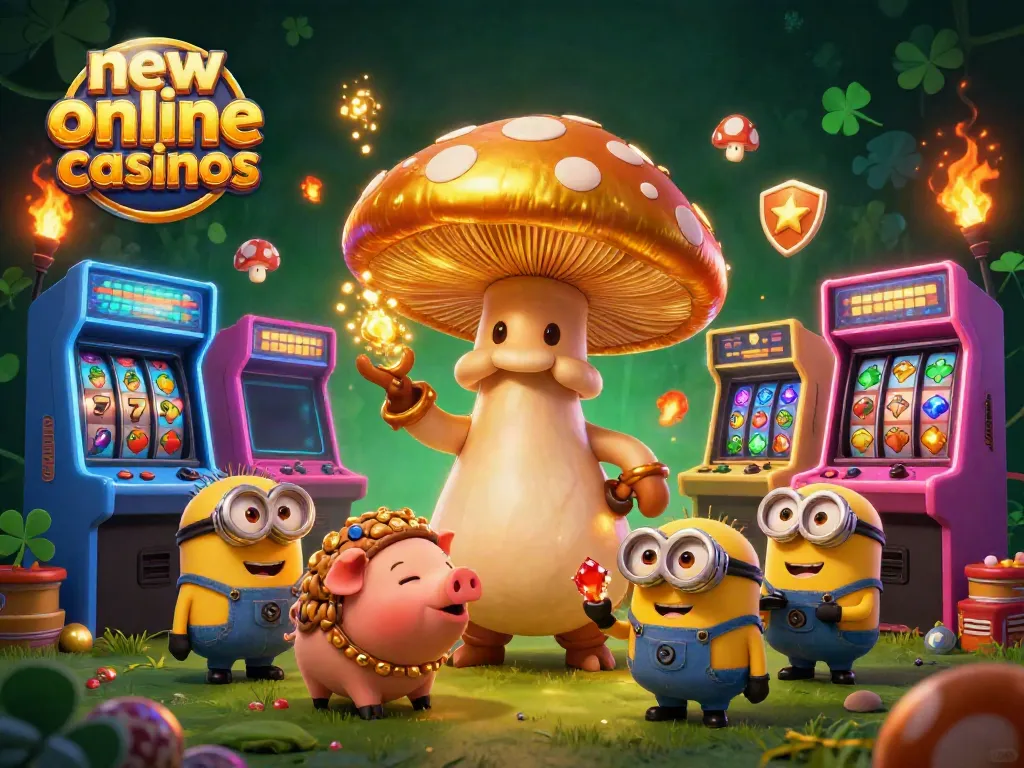 Join the excitement at new online casinos with a magical wizard and treasure-hunting pig amid vibrant gaming elements.