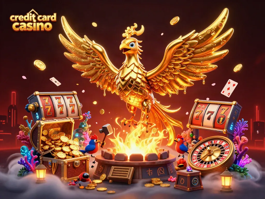 Experience the excitement of a credit card casino with a golden phoenix and vibrant gaming elements.