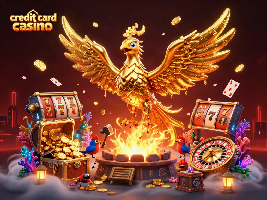 Experience the excitement of a credit card casino with a golden phoenix and vibrant gaming elements.