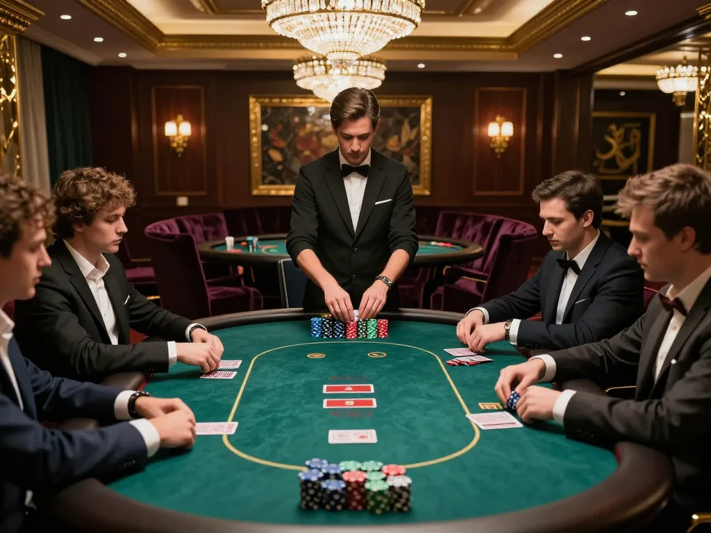 Players strategizing in Sunwin VIP poker area, rich decor highlights high-stakes gameplay.