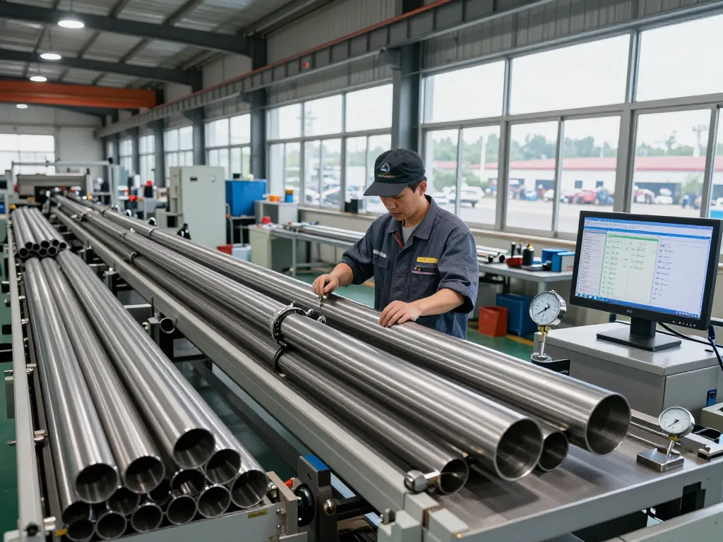Technician inspecting sumwin stainless steel products in a modern factory setting.