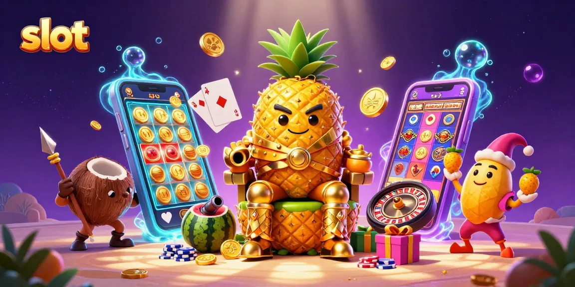 Menang besar di slot dengan raja nanas emas dan jester di kasino pantai yang ceria.