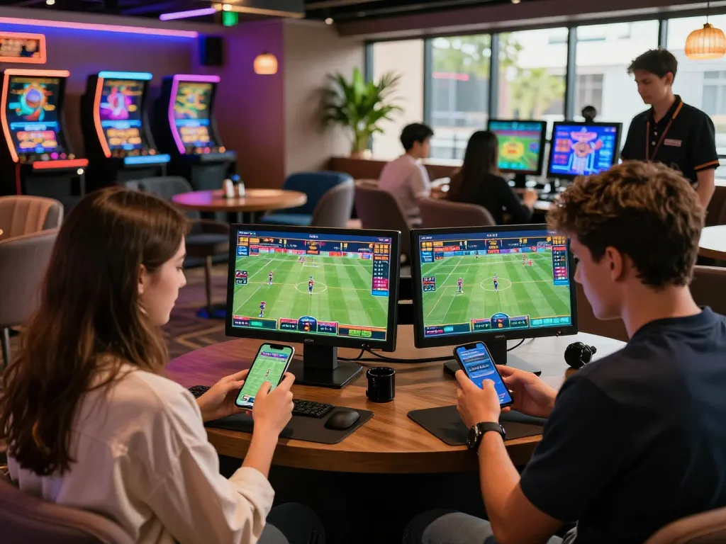 Exciting Onbet88 online betting scene with players engaging through smartphones in a vibrant casino lounge.
