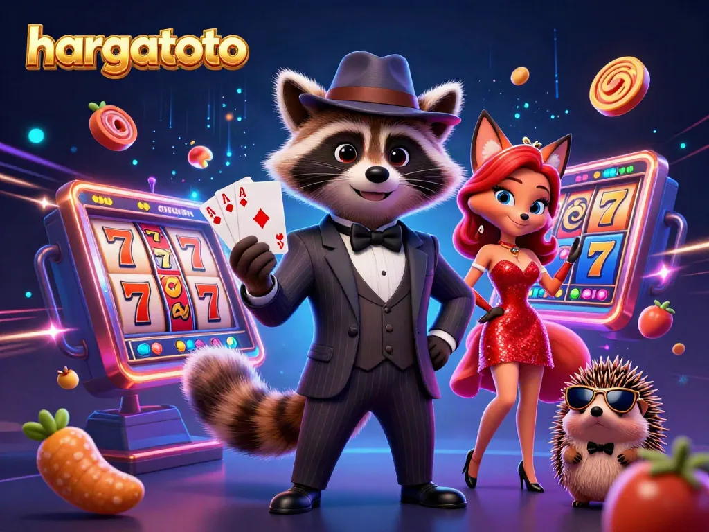 Hargatoto, merasakan keseruan bermain slot dengan rakun berjas dan putri rubah dalam ilustrasi 3D.