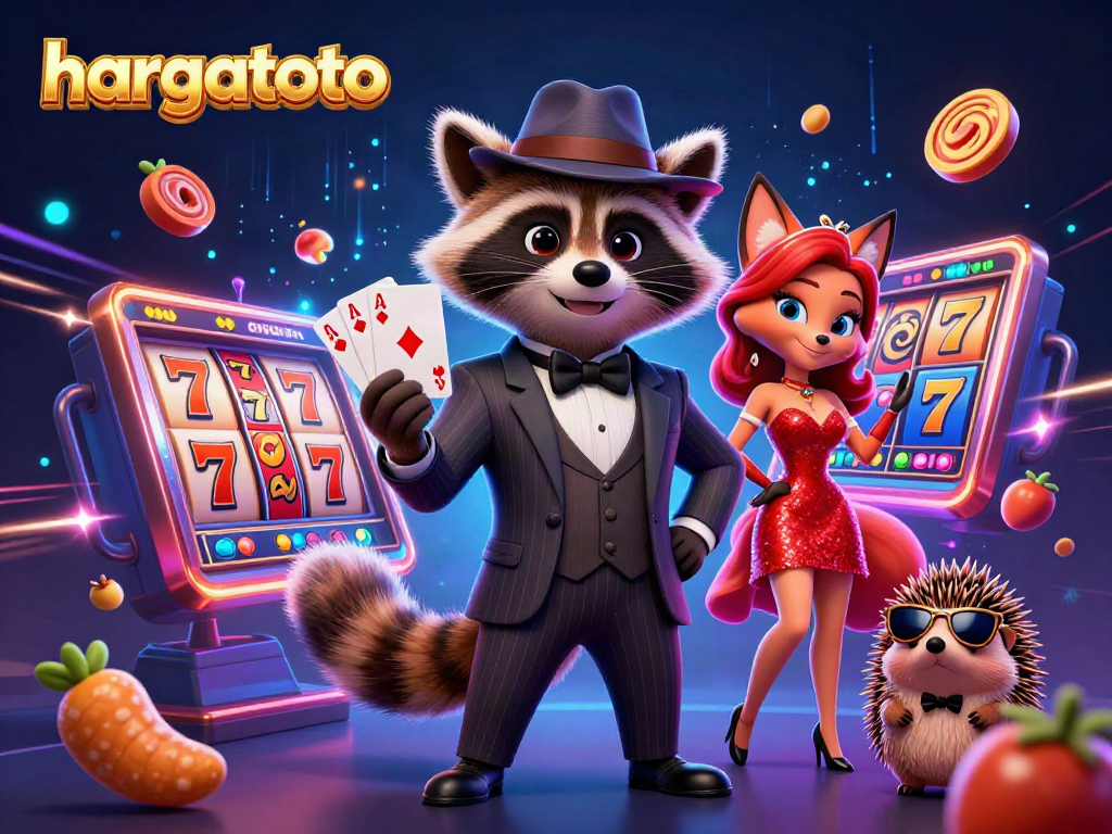 Hargatoto, merasakan keseruan bermain slot dengan rakun berjas dan putri rubah dalam ilustrasi 3D.