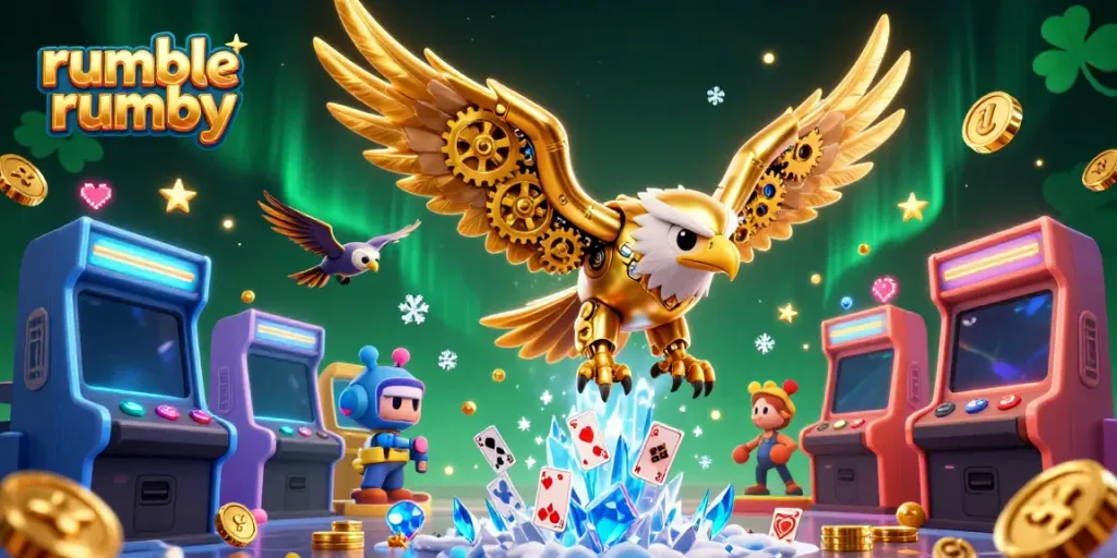 Experience the thrill of rumble rummy with a cybernetic eagle and dynamic casino elements.