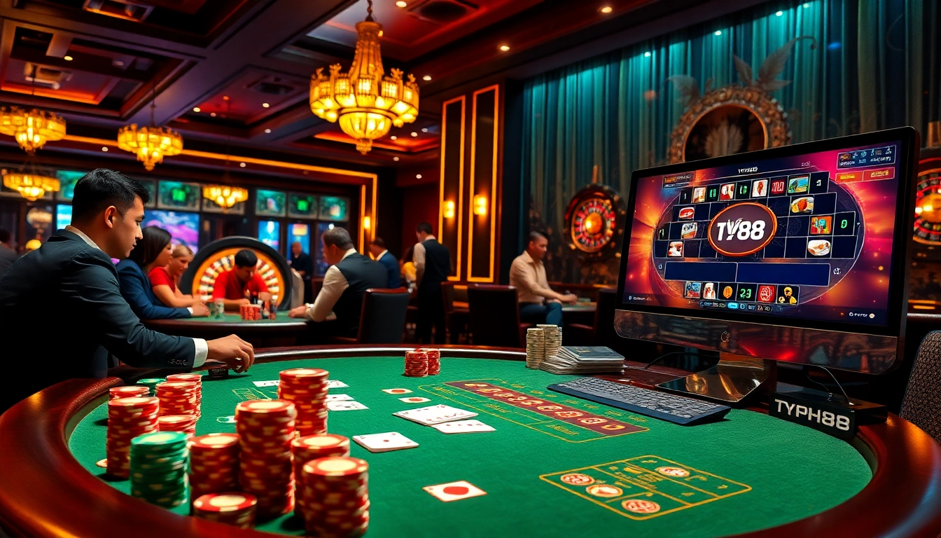 Players engaging in a thrilling poker game at Typhu88 casino, showcasing excitement and professionalism.