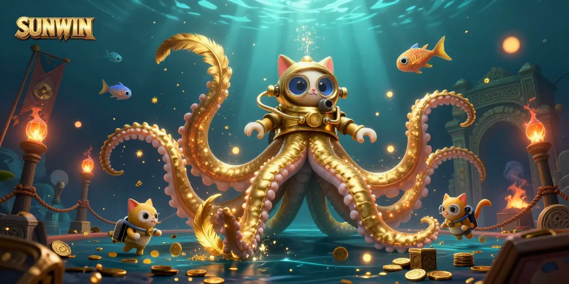 SUNWIN offers an exciting underwater betting adventure with a kraken and diving cat amidst vibrant treasure.