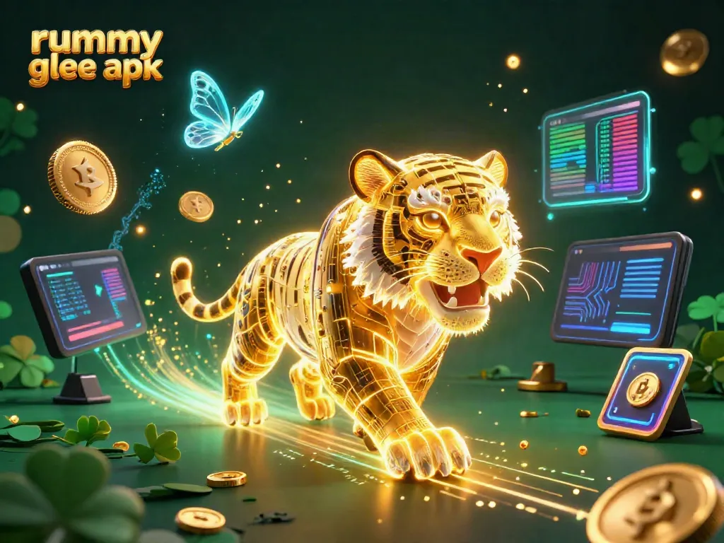 Permainan Rummy Glee APK yang menarik dengan elemen kasino digital dan karakter neon.