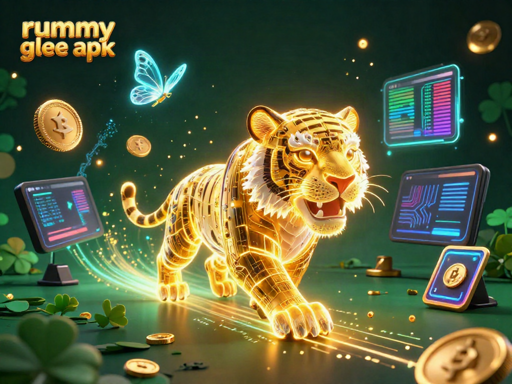 Permainan Rummy Glee APK yang menarik dengan elemen kasino digital dan karakter neon.