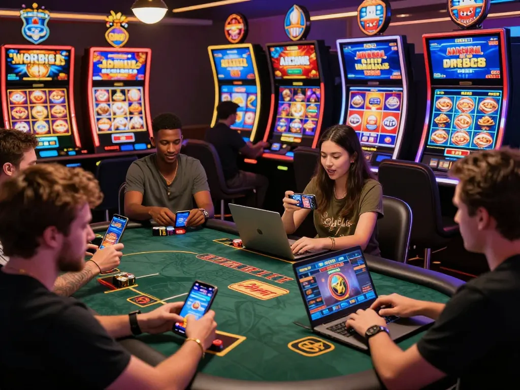 Exciting BJ888 online gaming scene with diverse players engaged on laptops and smartphones, showcasing vibrant casino graphics.