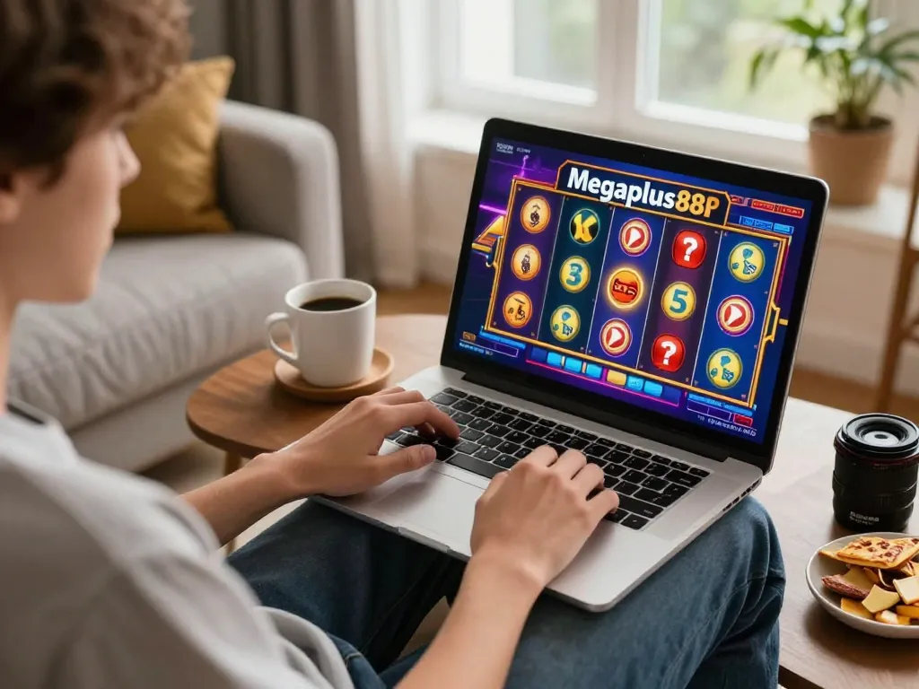 Engaging gameplay on Megaplus88 with vibrant slot graphics in a cozy home setting.