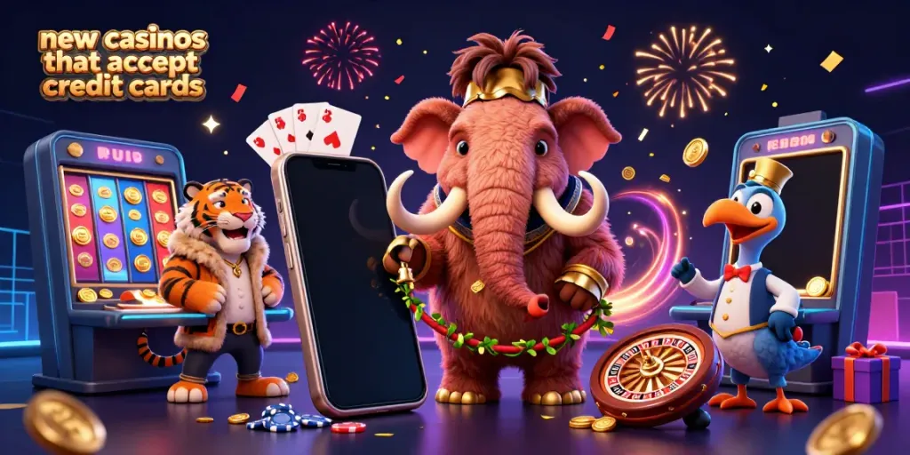 Experience the excitement of new casinos that accept credit cards with vibrant gaming elements and lively characters in this 3D illustration.