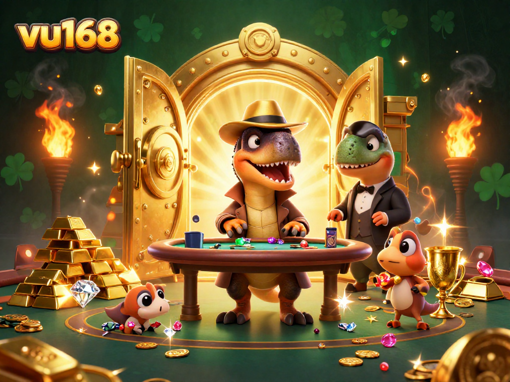 vu168 showcases a velociraptor card counter and a stegosaurus pit boss at an exciting blackjack table, rich with casino treasures.