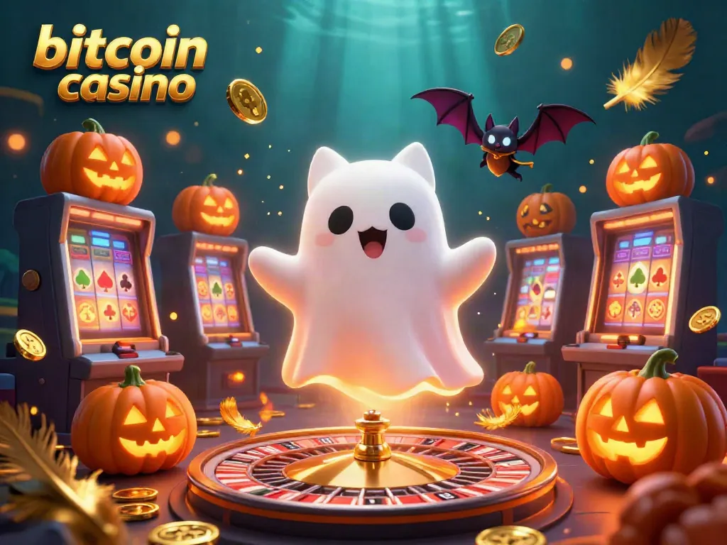 Experience the excitement of a bitcoin casino with a ghost cat and bat in a lively gaming scene.