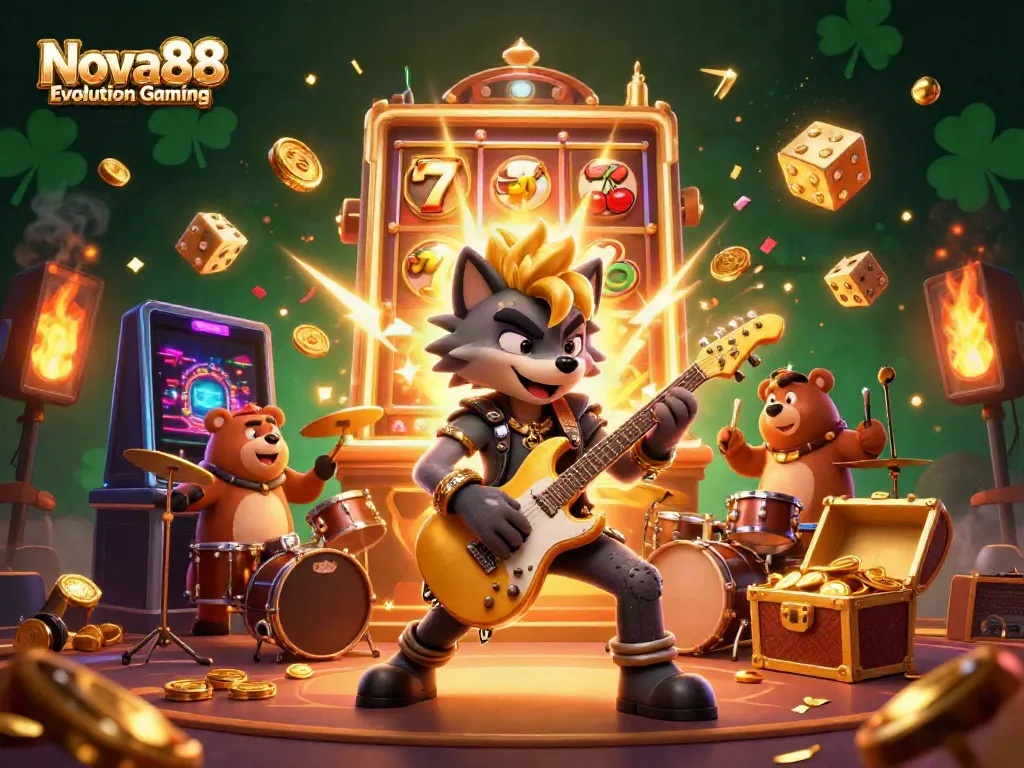 Experience Nova88 Evolution Gaming with an exciting scene featuring rock star wolf and drummer bear in a vibrant casino.